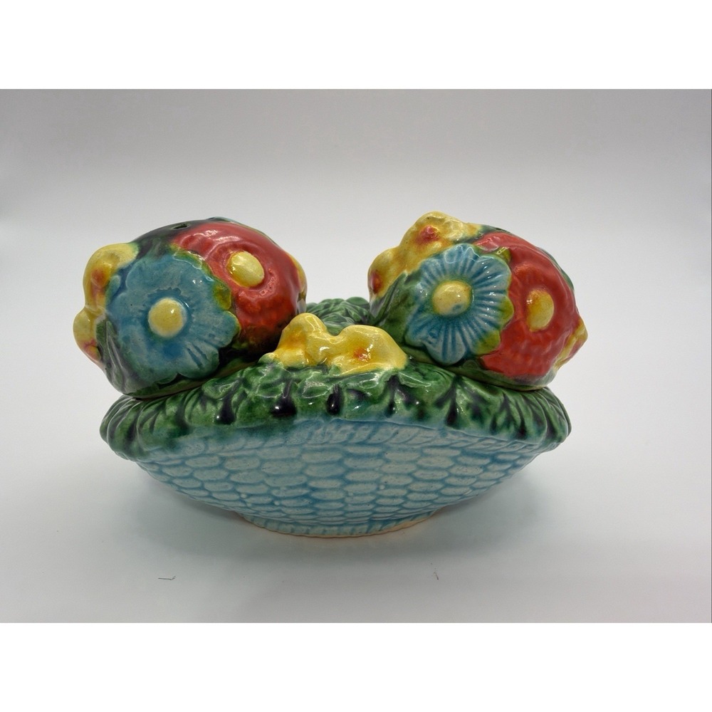 Vintage Salt & Pepper Shakers Ceramic Flowers In Basket Turquoise Yellow Red - Picture 2 of 10